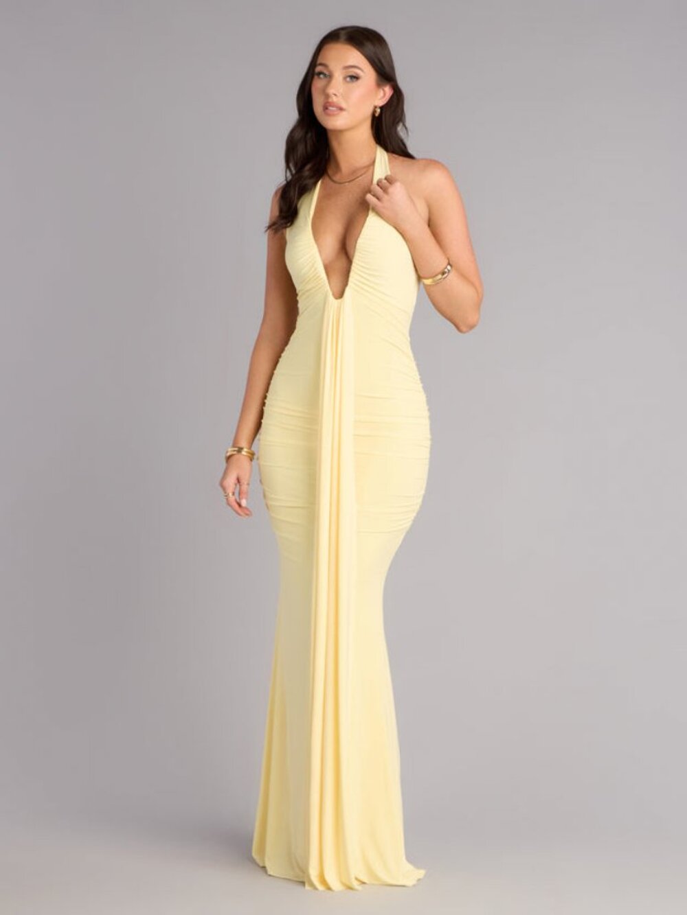 Windsor Allyssa Halter Sash Mermaid Gown Yellow M